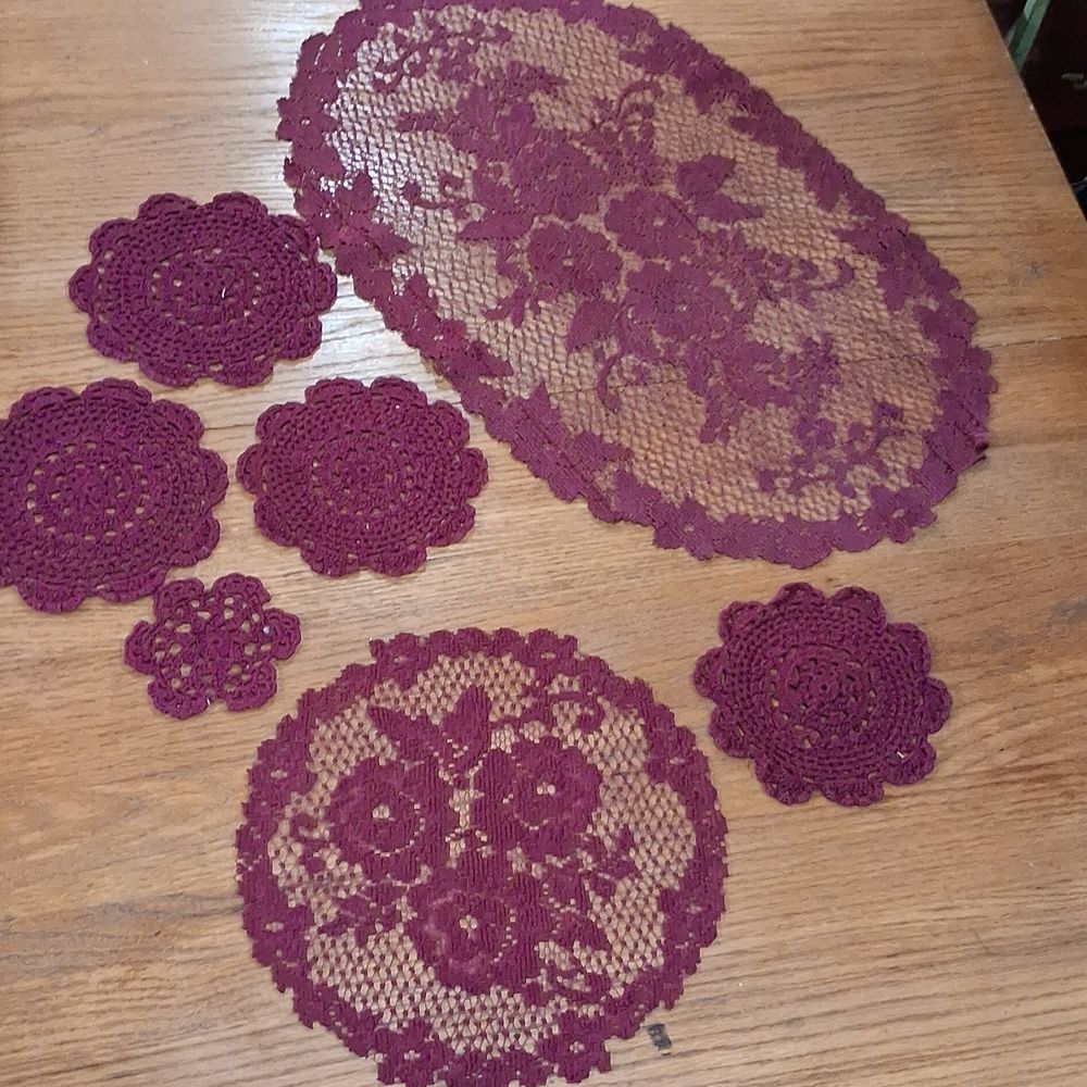 Heritage Lace Center Mat(2) & Crocheted Jewel‎ Tone Doilys(5)